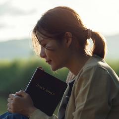 Chinese lady holding a Holy Bible and praying